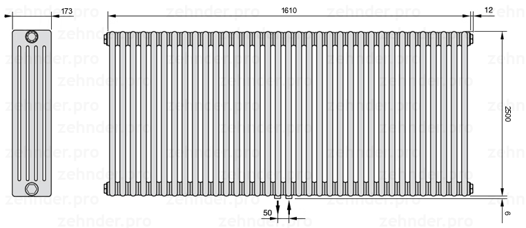 Схема (чертеж) Радиатор Zehnder Charleston 5250/35 №5410 Белый глянцевый RAL 9016